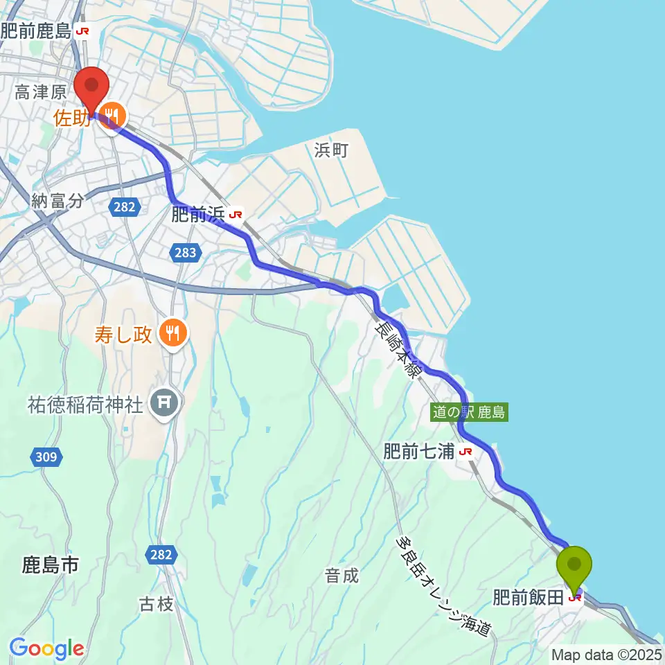 肥前飯田駅から鹿島市生涯学習センター・エイブルへのルートマップ地図