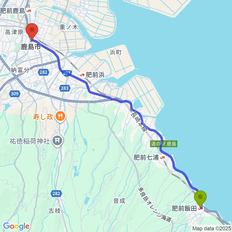 肥前飯田駅から鹿島市生涯学習センター・エイブルへのルートマップ地図