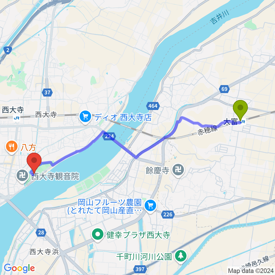 大富駅から岡山市立西大寺公民館へのルートマップ地図