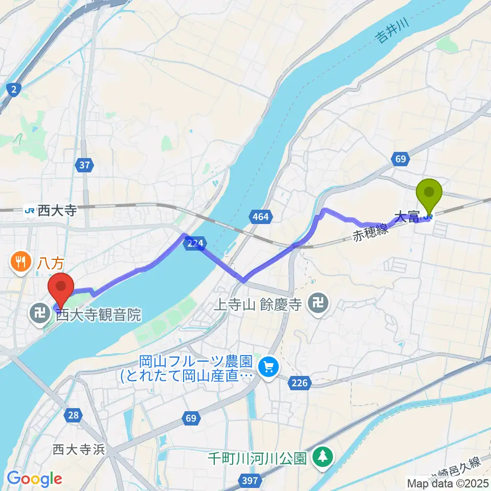 大富駅から岡山市立西大寺公民館へのルートマップ地図