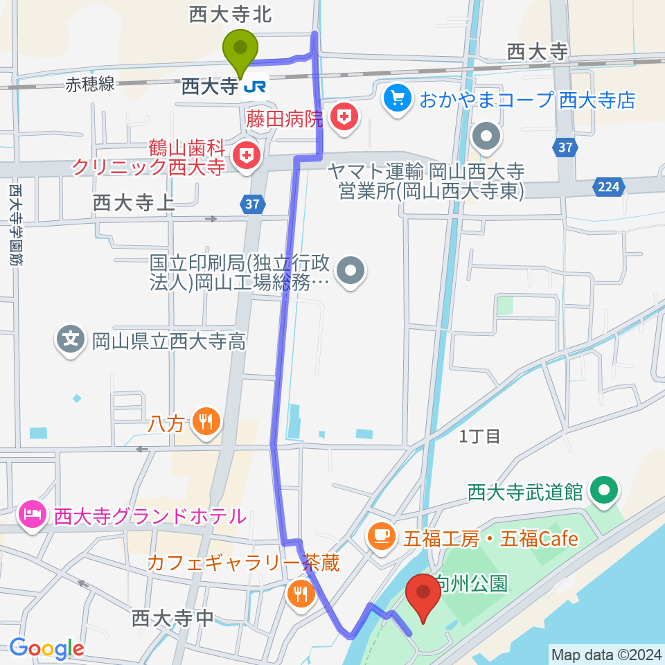 岡山市立西大寺公民館の最寄駅西大寺駅からの徒歩ルート（約14分）地図