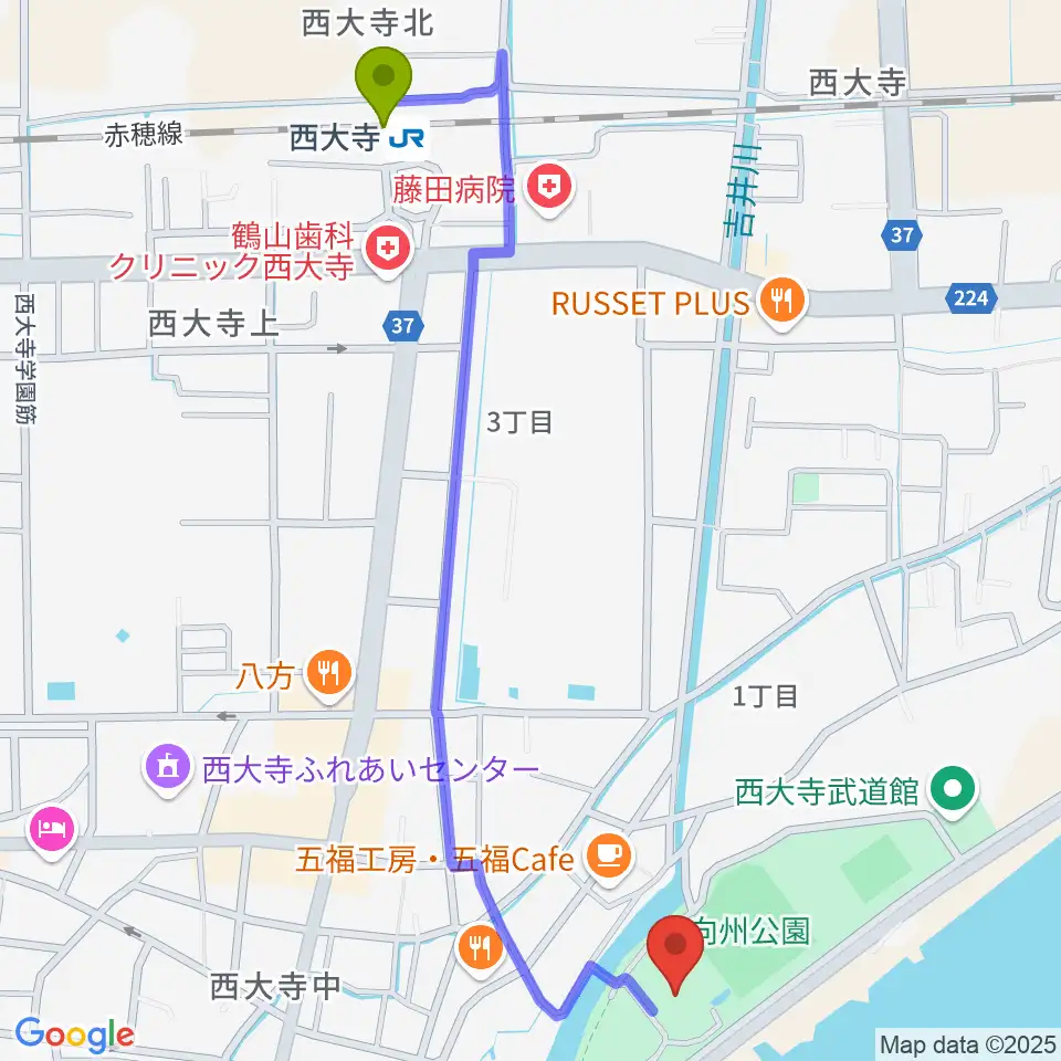 岡山市立西大寺公民館の最寄駅西大寺駅からの徒歩ルート（約14分）地図