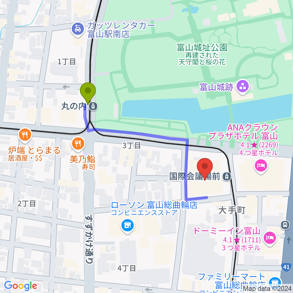 丸の内駅から富山国際会議場 大手町フォーラムへのルートマップ地図