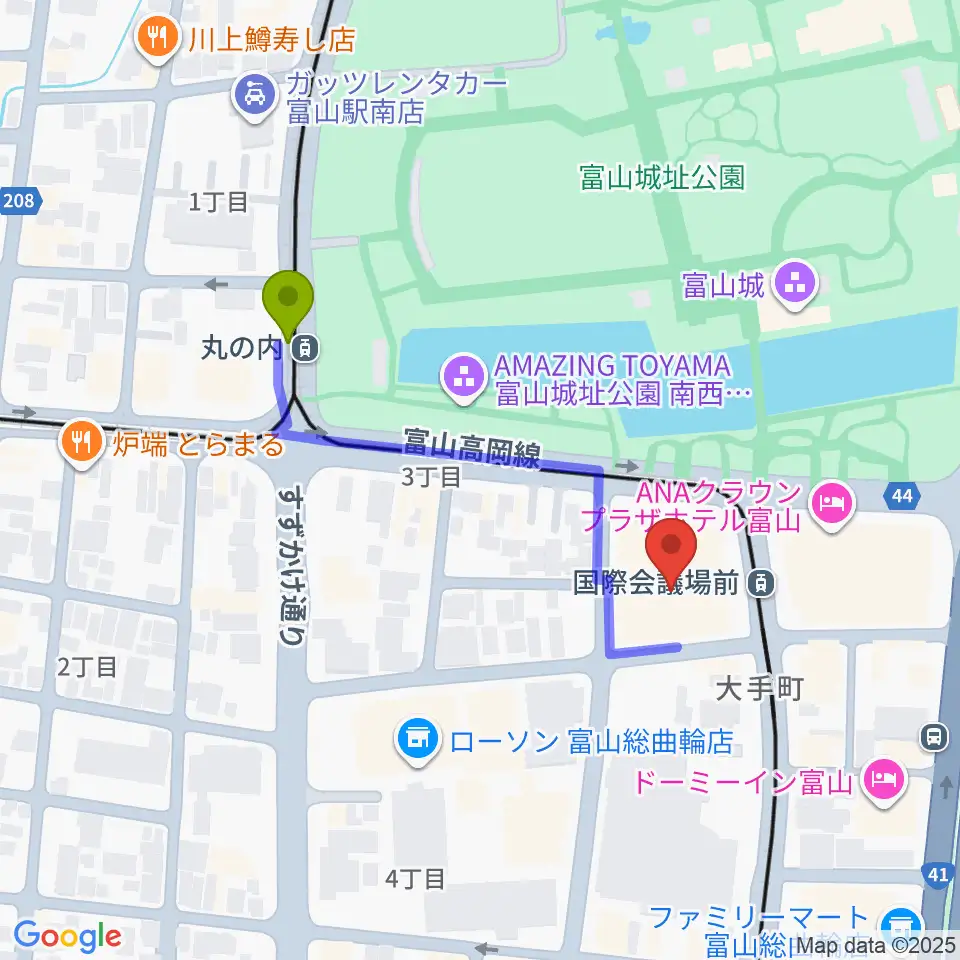 丸の内駅から富山国際会議場 大手町フォーラムへのルートマップ地図