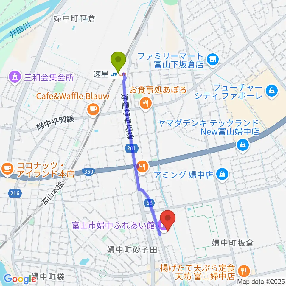 富山市婦中ふれあい館の最寄駅速星駅からの徒歩ルート（約18分）地図