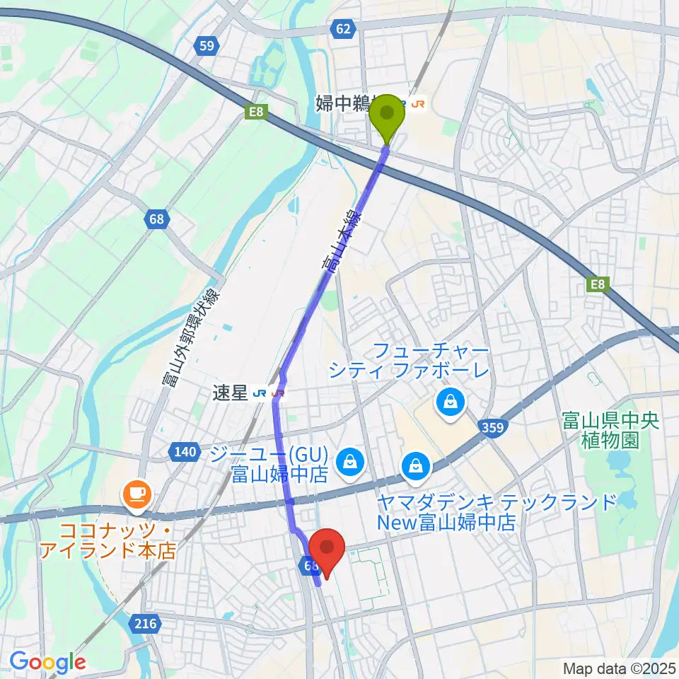 婦中鵜坂駅から富山市婦中ふれあい館へのルートマップ地図