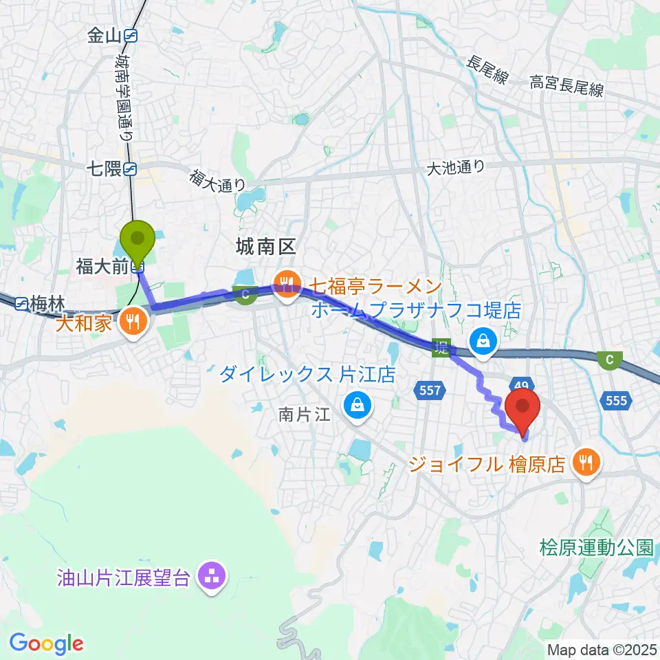 T&Sスタジオの最寄駅福大前駅からの徒歩ルート（約41分）地図