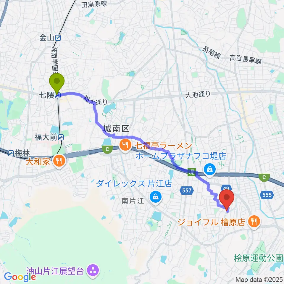 七隈駅からT&Sスタジオへのルートマップ地図