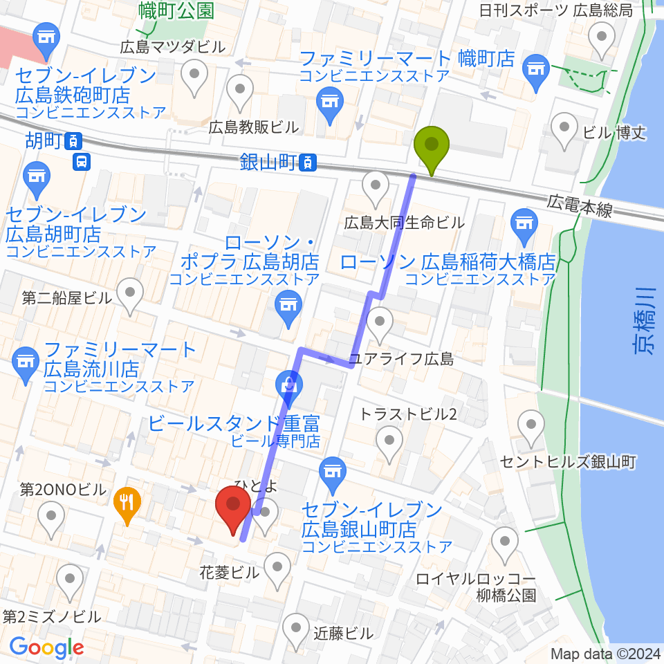 広島CONQUESTの最寄駅銀山町駅からの徒歩ルート（約5分）地図