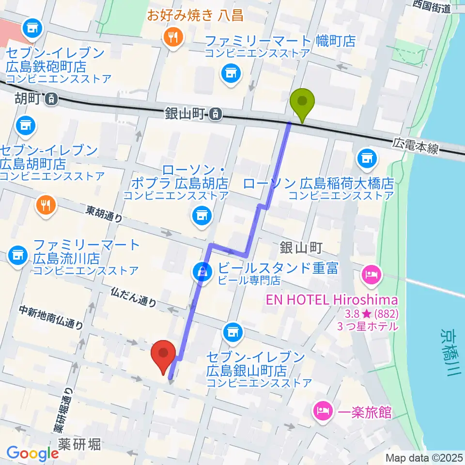 広島CONQUESTの最寄駅銀山町駅からの徒歩ルート（約5分）地図