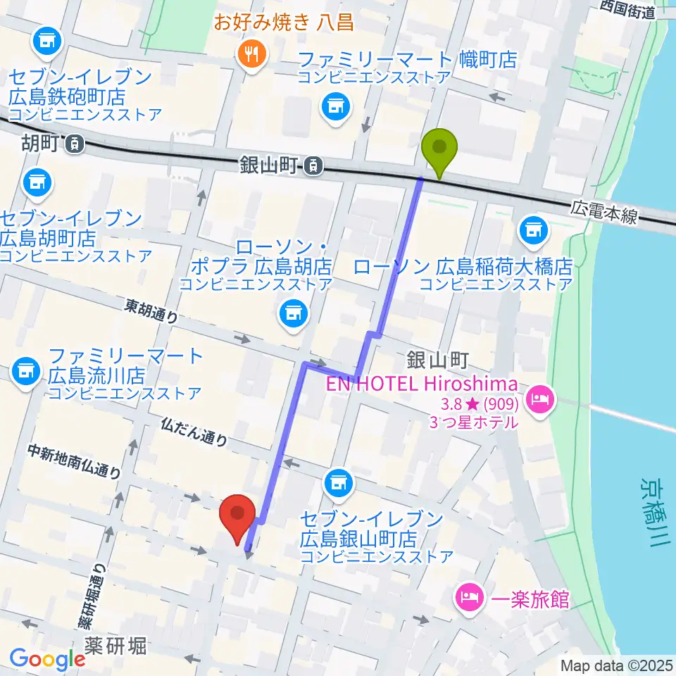 広島CONQUESTの最寄駅銀山町駅からの徒歩ルート（約5分）地図