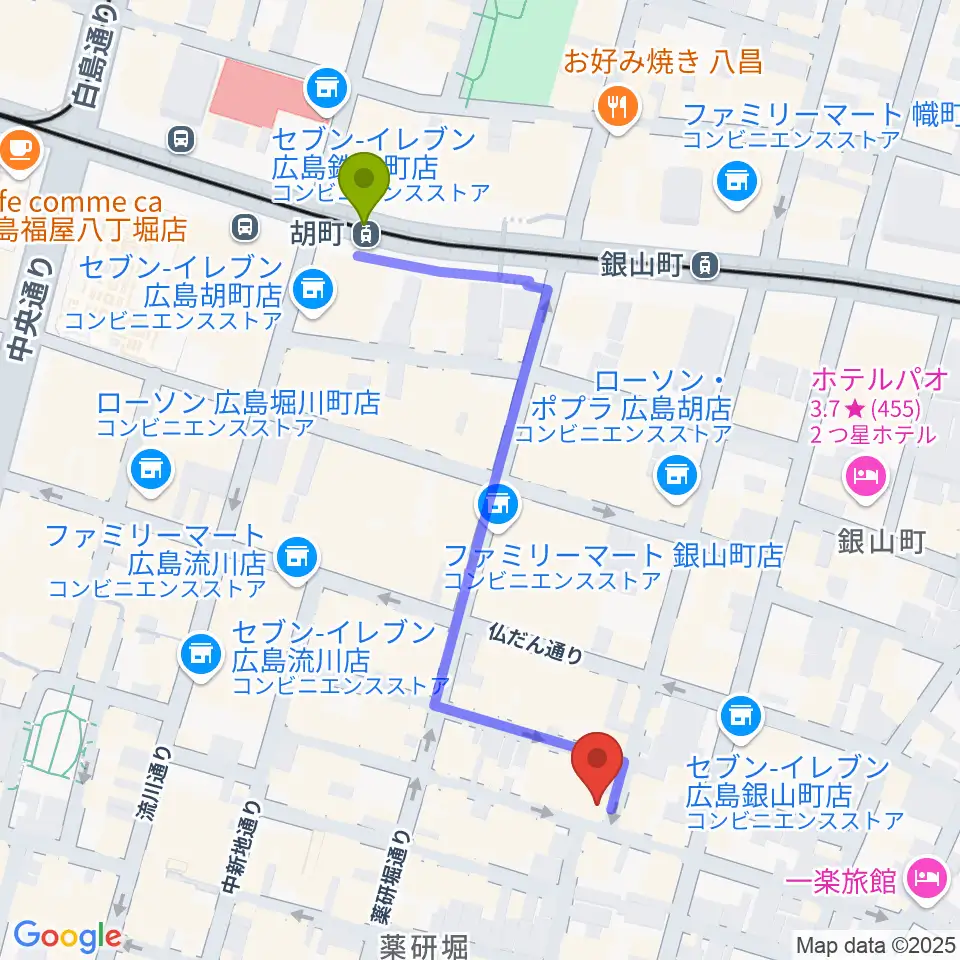 胡町駅から広島CONQUESTへのルートマップ地図