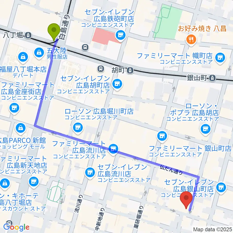 八丁堀駅から広島CONQUESTへのルートマップ地図