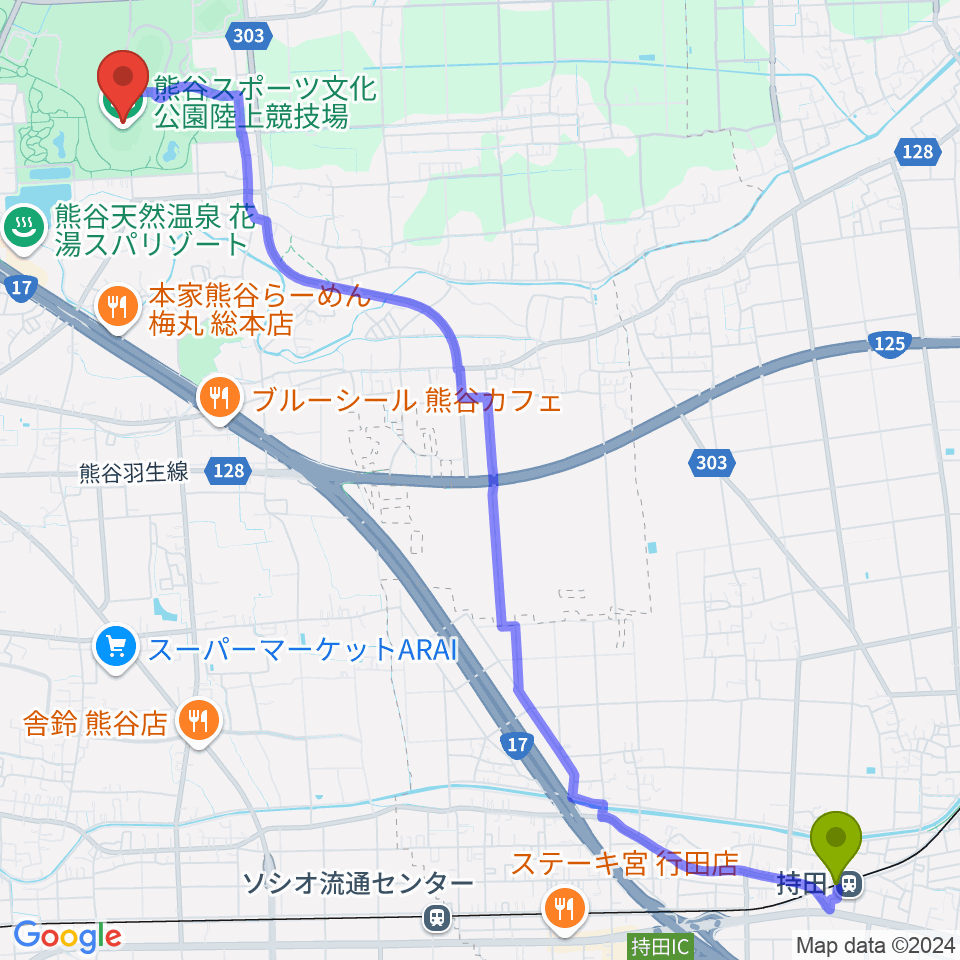 持田駅から熊谷スポーツ文化公園陸上競技場へのルートマップ Mdata