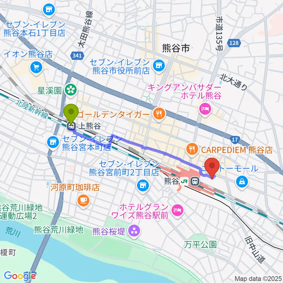 上熊谷駅からシネティアラ21へのルートマップ地図