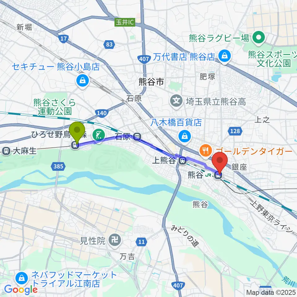 ひろせ野鳥の森駅からシネティアラ21へのルートマップ地図