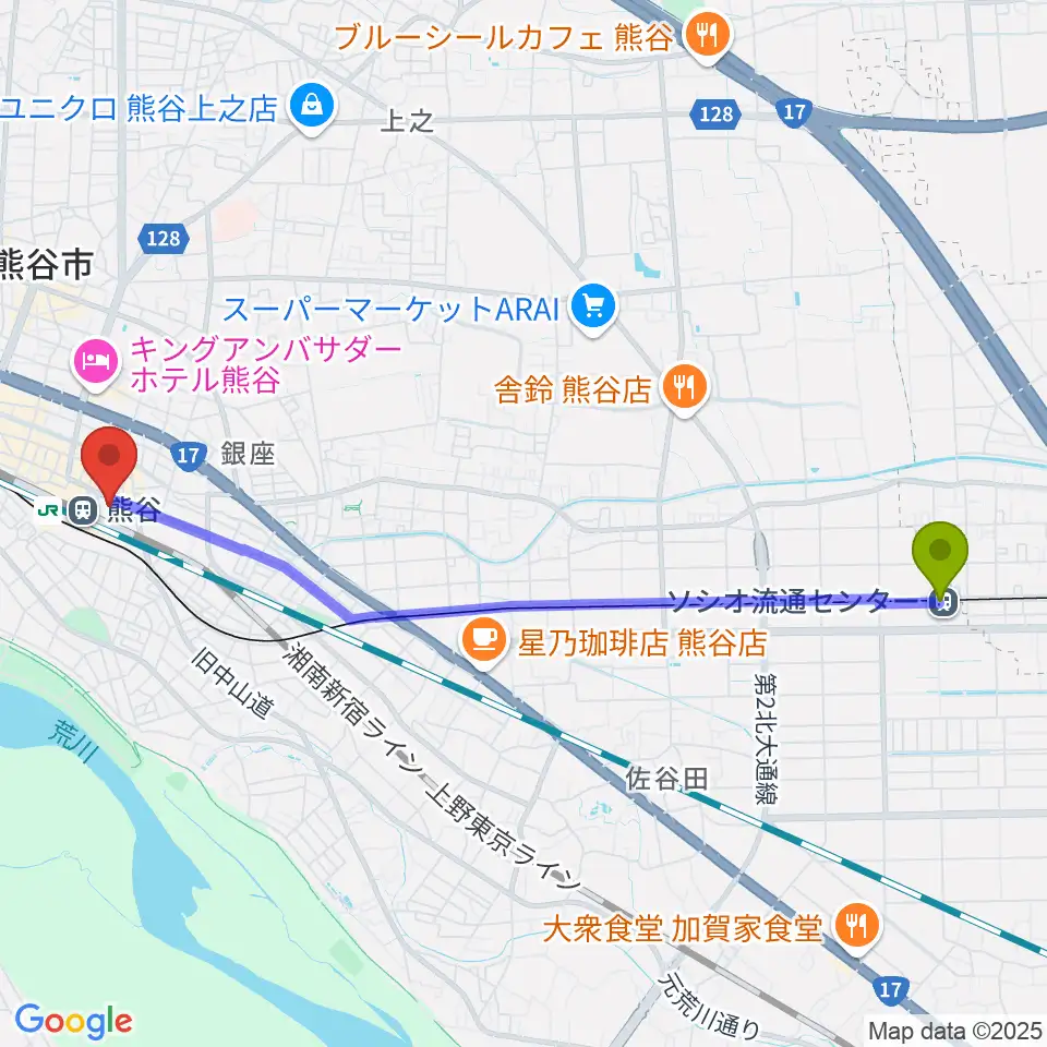 ソシオ流通センター駅からシネティアラ21へのルートマップ地図
