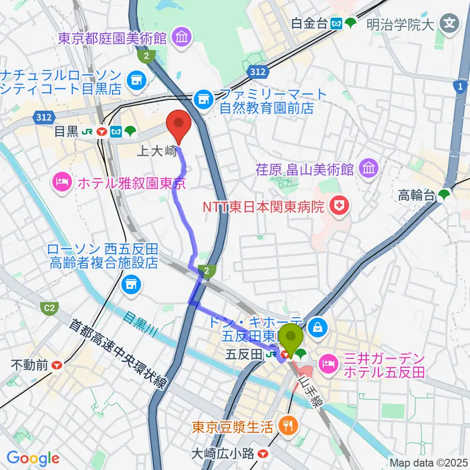 五反田駅から目黒Cozyへのルートマップ地図