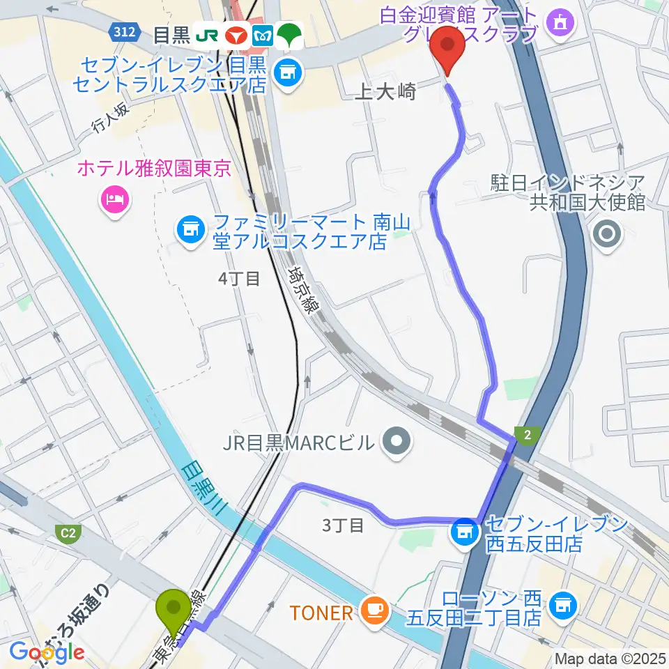 不動前駅から目黒Cozyへのルートマップ地図