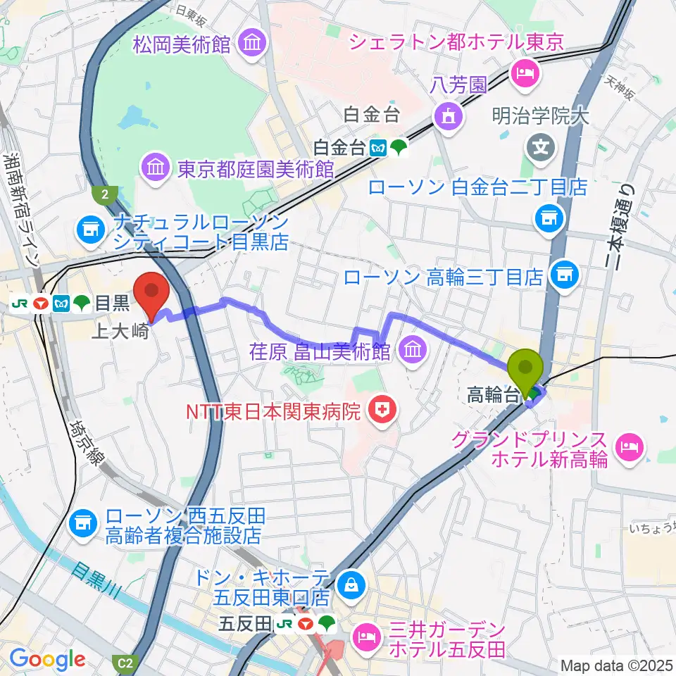 高輪台駅から目黒Cozyへのルートマップ地図