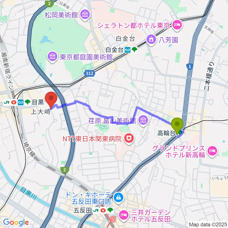 高輪台駅から目黒Cozyへのルートマップ地図