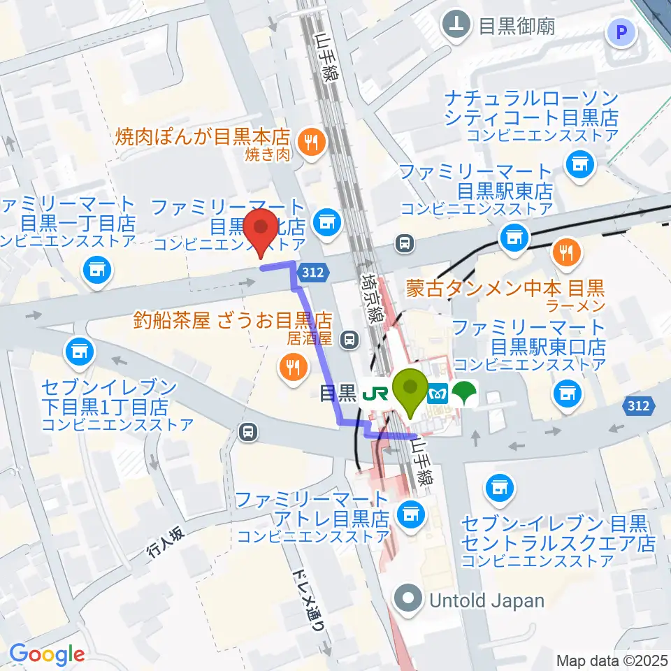 目黒シネマの最寄駅目黒駅からの徒歩ルート（約3分）地図