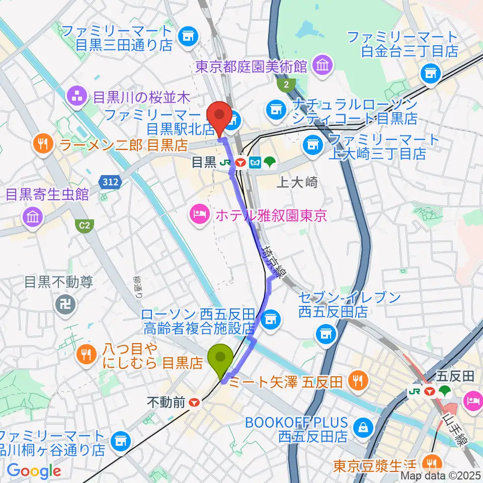 不動前駅から目黒シネマへのルートマップ地図