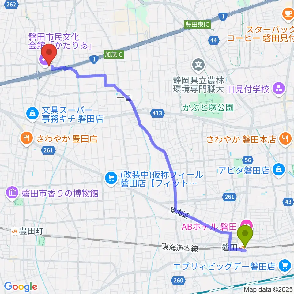 磐田駅からかたりあ 磐田市民文化会館へのルートマップ地図
