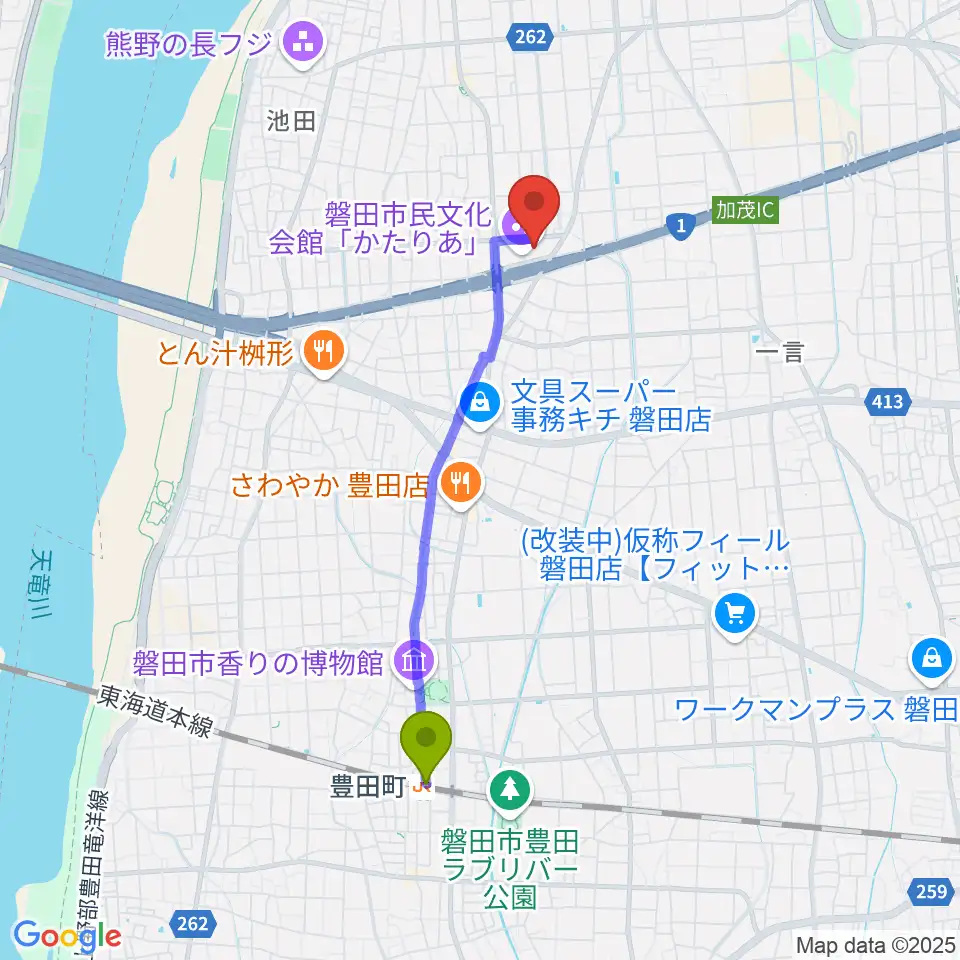 かたりあ 磐田市民文化会館の最寄駅豊田町駅からの徒歩ルート（約36分）地図