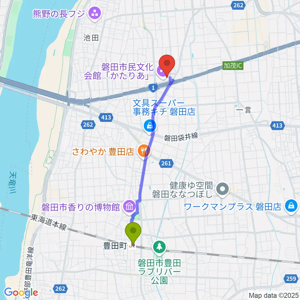 かたりあ 磐田市民文化会館の最寄駅豊田町駅からの徒歩ルート（約36分）地図