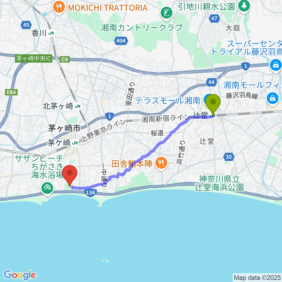 辻堂駅から茅ヶ崎公園野球場へのルートマップ地図