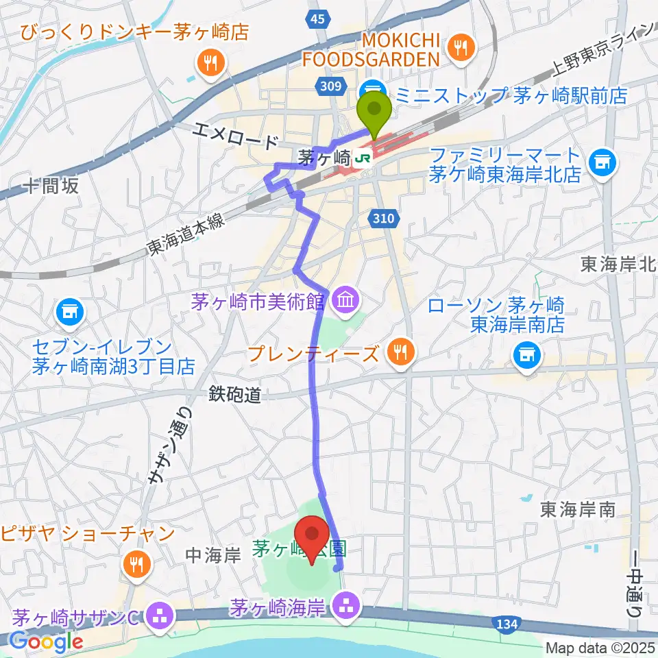 茅ヶ崎公園野球場の最寄駅茅ケ崎駅からの徒歩ルート（約20分）地図