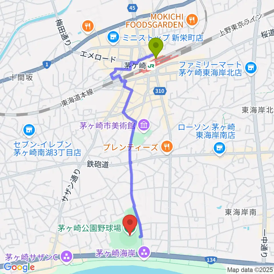 茅ヶ崎公園野球場の最寄駅茅ケ崎駅からの徒歩ルート（約20分）地図