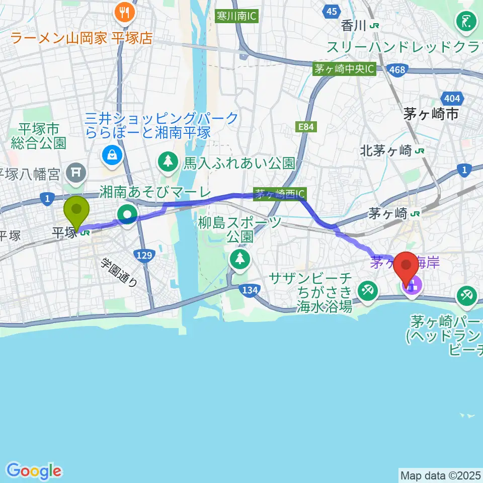 平塚駅から茅ヶ崎公園野球場へのルートマップ地図