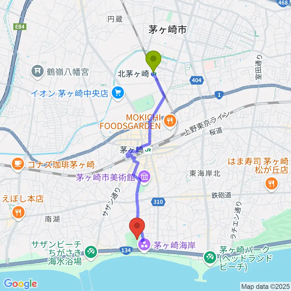 北茅ケ崎駅から茅ヶ崎公園野球場へのルートマップ地図