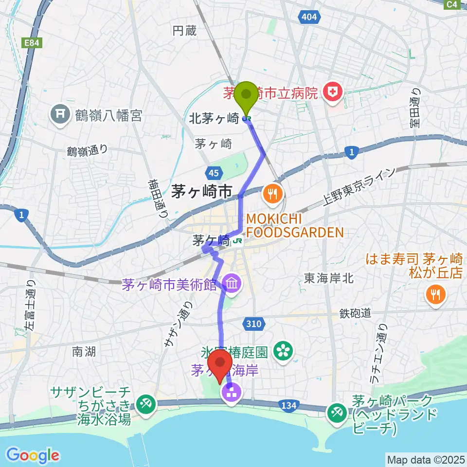 北茅ケ崎駅から茅ヶ崎公園野球場へのルートマップ地図