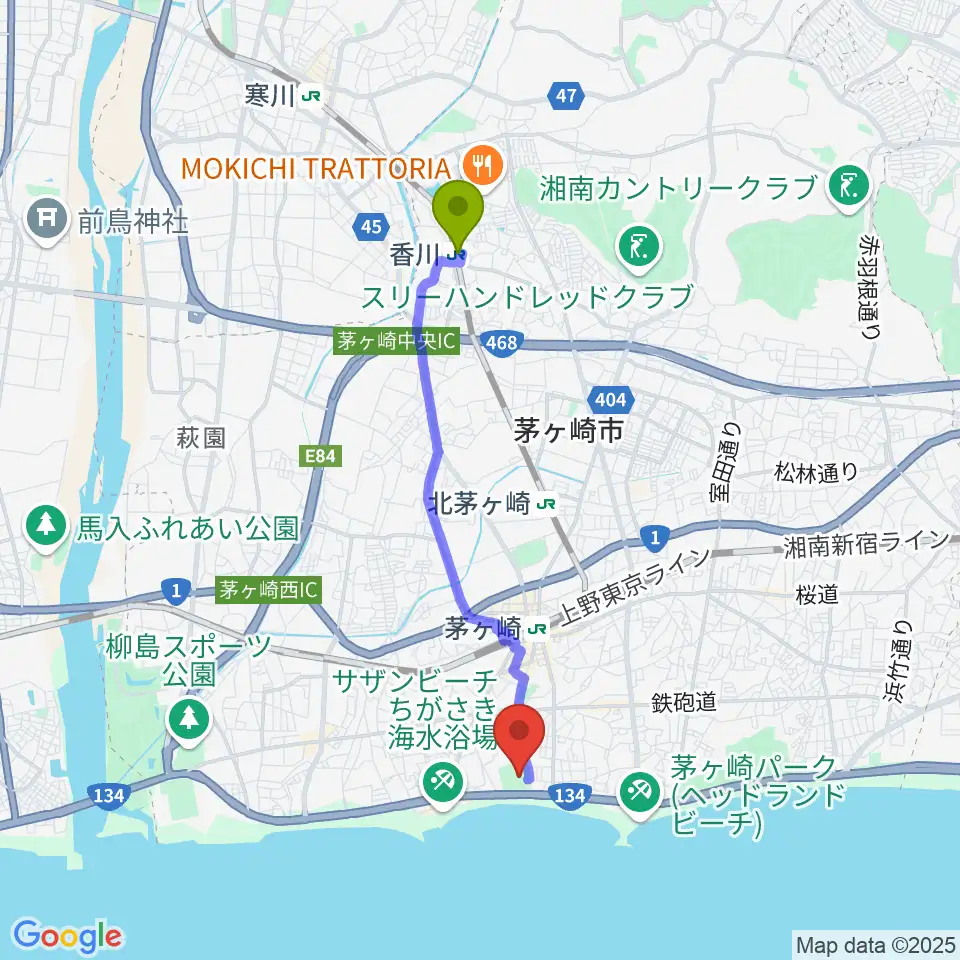 香川駅から茅ヶ崎公園野球場へのルートマップ地図
