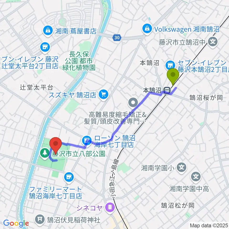 本鵠沼駅から藤沢市八部野球場へのルートマップ地図