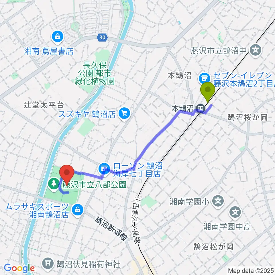 本鵠沼駅から藤沢市八部野球場へのルートマップ地図