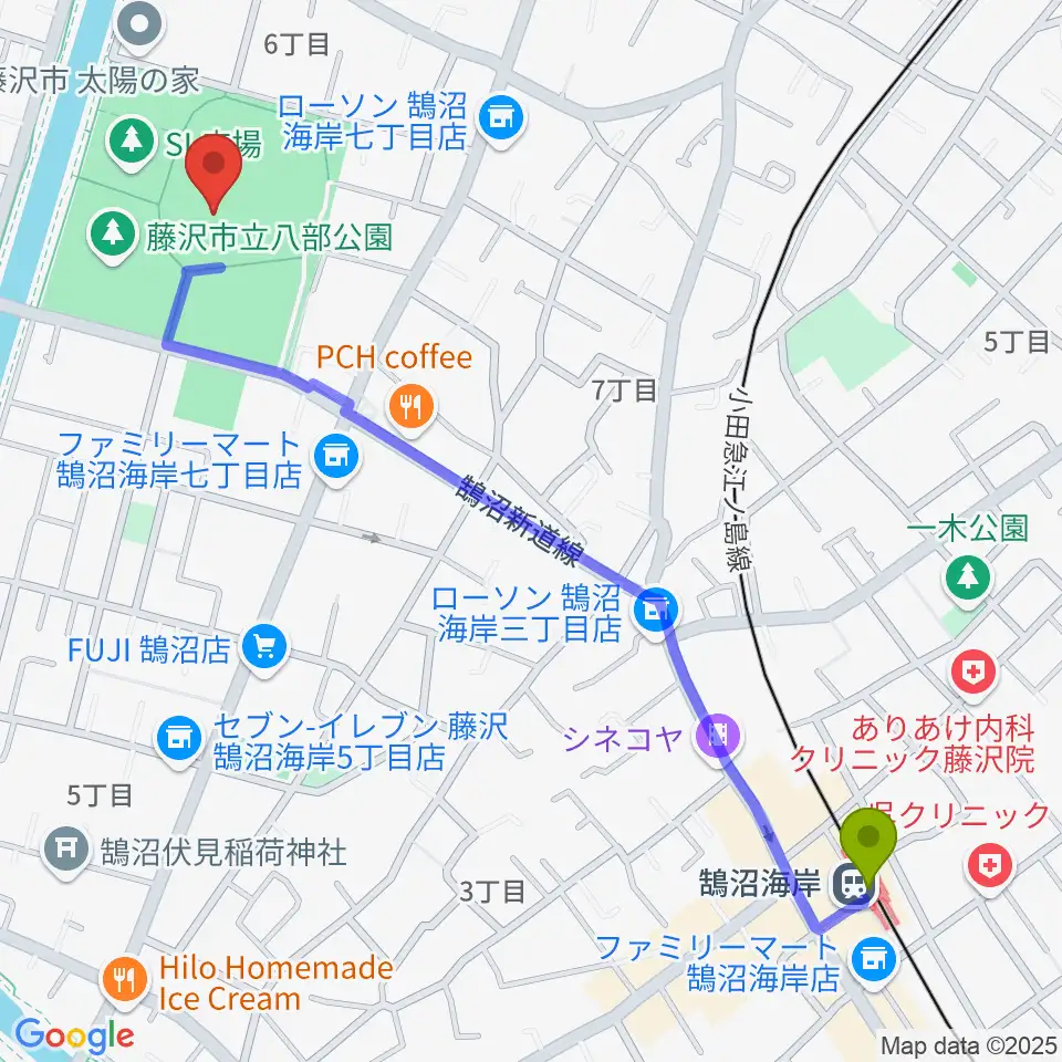 藤沢市八部野球場の最寄駅鵠沼海岸駅からの徒歩ルート（約14分）地図