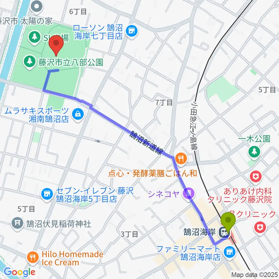 藤沢市八部野球場の最寄駅鵠沼海岸駅からの徒歩ルート（約14分）地図