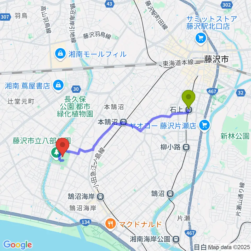石上駅から藤沢市八部野球場へのルートマップ地図