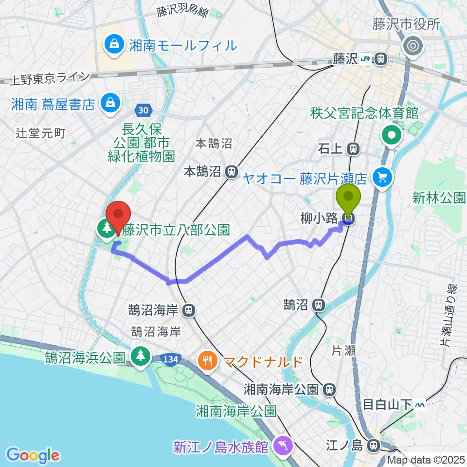 柳小路駅から藤沢市八部野球場へのルートマップ地図
