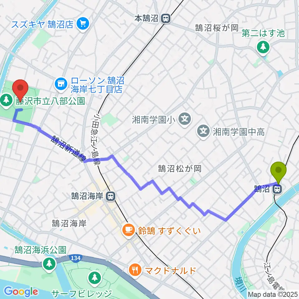 鵠沼駅から藤沢市八部野球場へのルートマップ地図