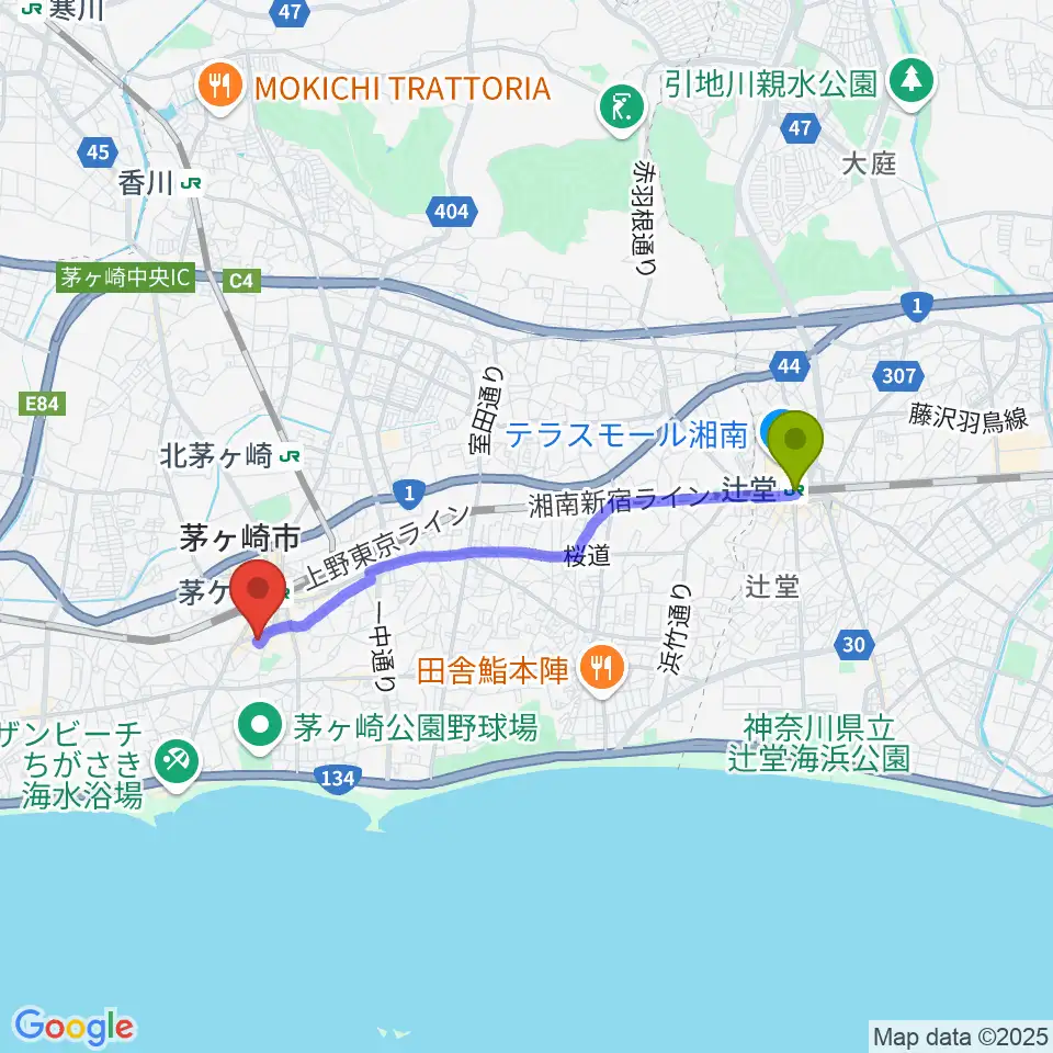 辻堂駅からJAM IN THE BOXへのルートマップ地図