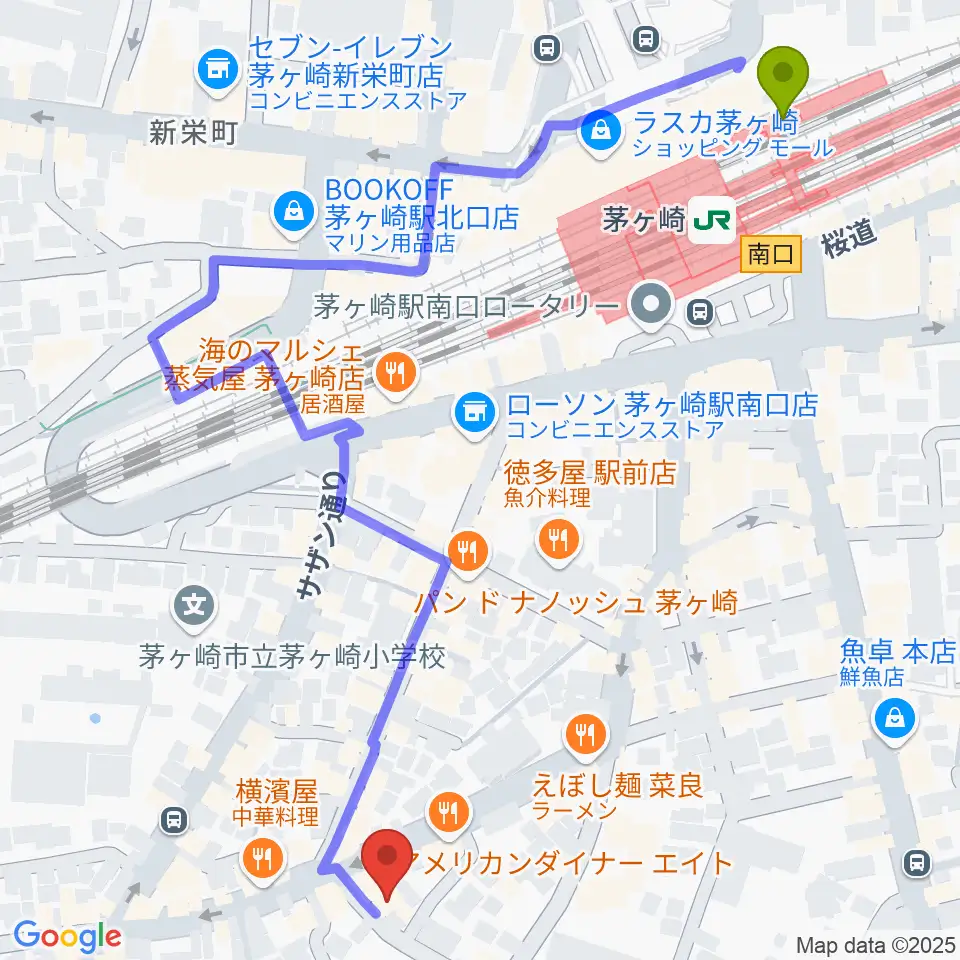 JAM IN THE BOXの最寄駅茅ケ崎駅からの徒歩ルート（約7分）地図