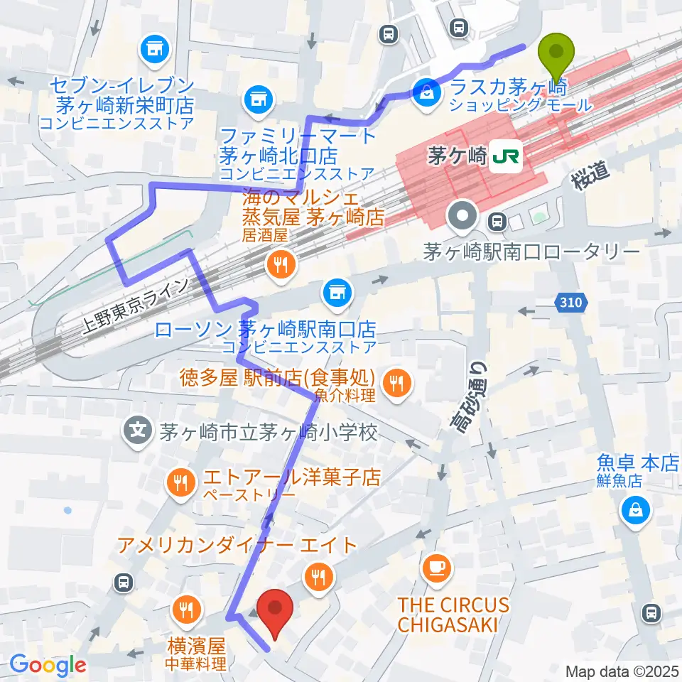 JAM IN THE BOXの最寄駅茅ケ崎駅からの徒歩ルート（約7分）地図