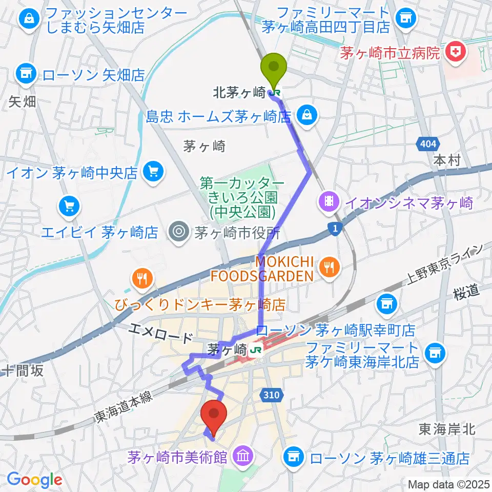 北茅ケ崎駅からJAM IN THE BOXへのルートマップ地図