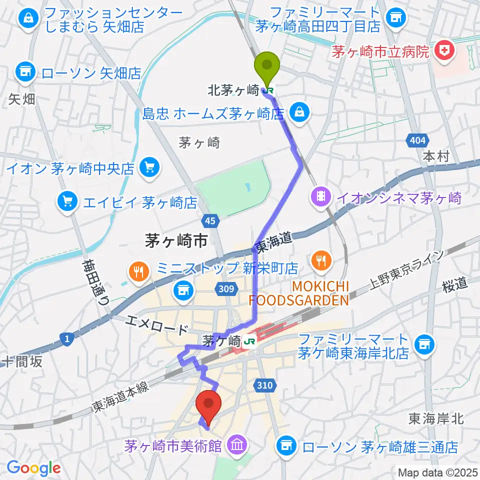 北茅ケ崎駅からJAM IN THE BOXへのルートマップ地図