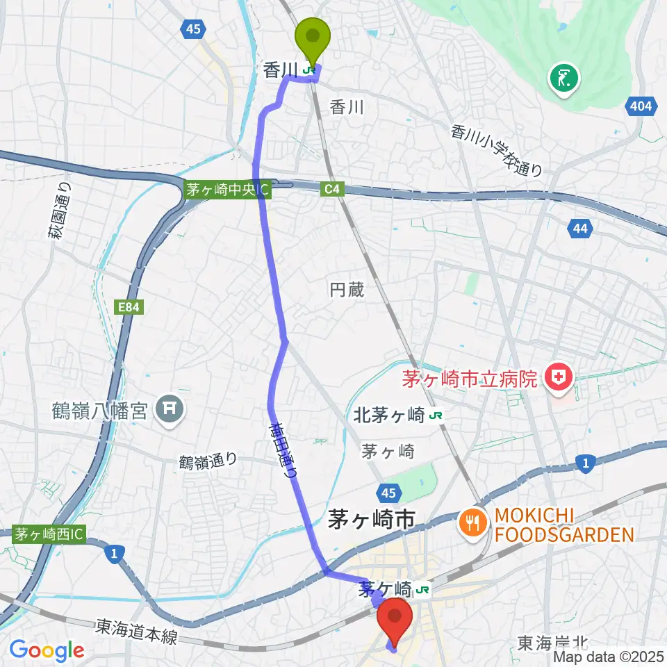 香川駅からJAM IN THE BOXへのルートマップ地図